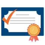 A certificate with a large checkmark and an official ribbon badge, symbolizing certification, compliance, or professional accreditation.