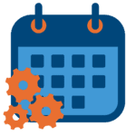 An illustrated calendar icon in shades of blue with three orange gears in the bottom left corner, representing automated scheduling, workforce management, or calendar optimization.