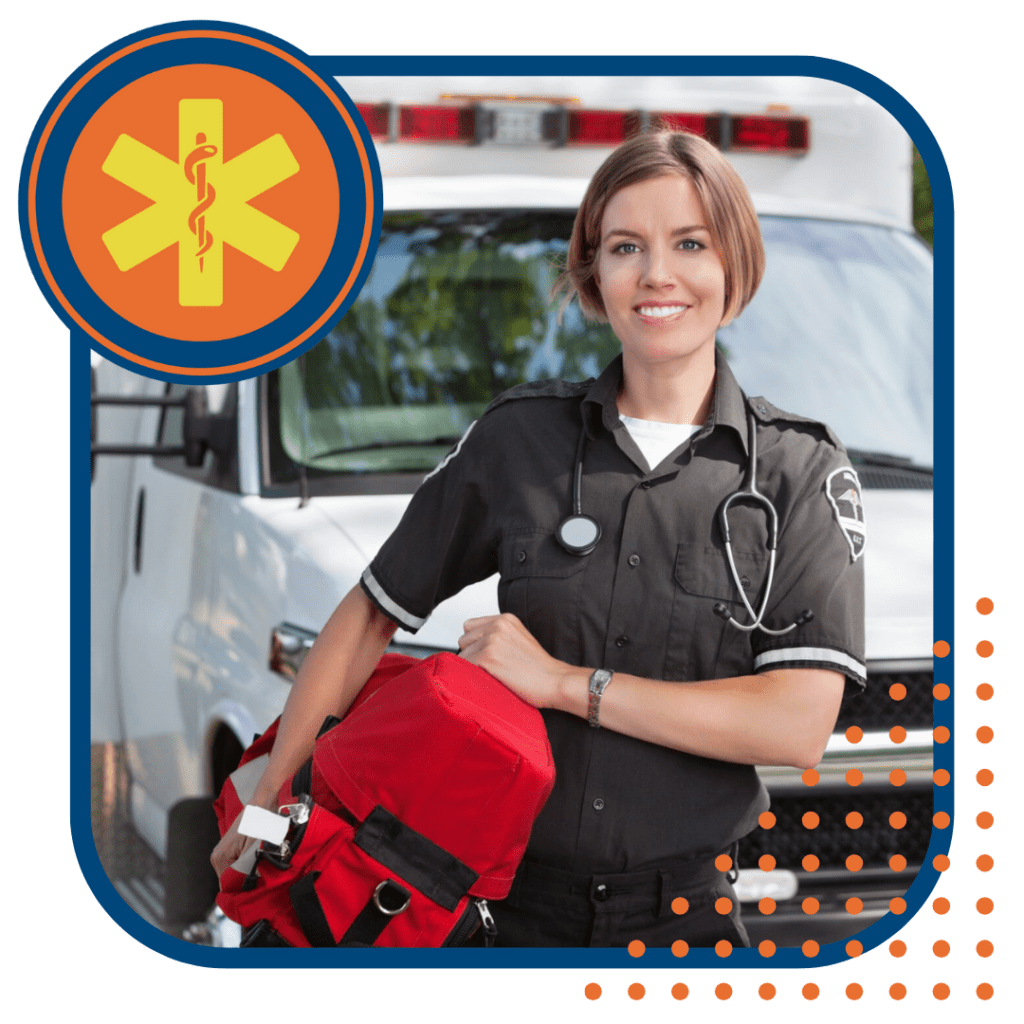 Smiling female paramedic wearing a black uniform with a stethoscope around her neck, holding a red medical bag. She stands in front of an ambulance. The image has a blue border with an orange and yellow emergency medical symbol in the top left corner.