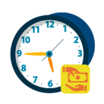 A clock showing time with an additional yellow icon in the corner depicting hands exchanging money, symbolizing payroll, time tracking, or employee compensation.
