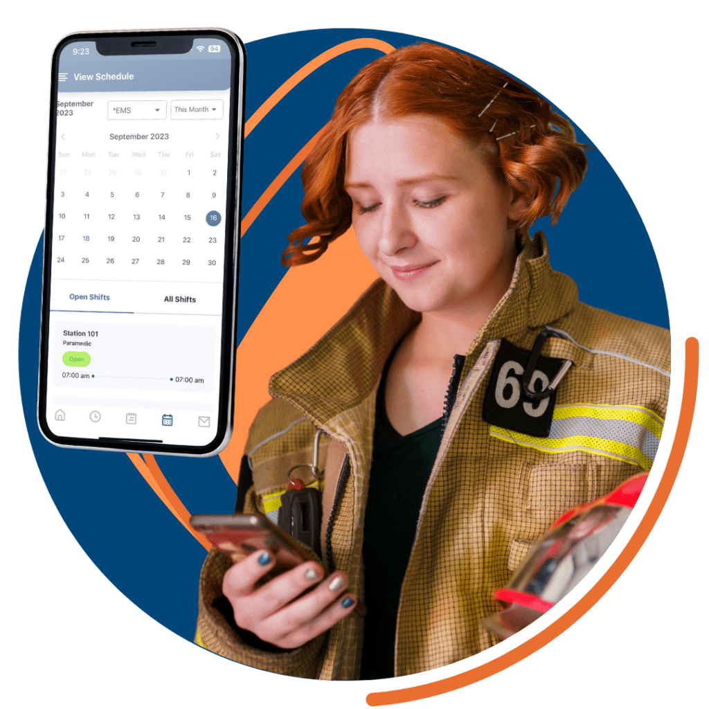 A female firefighter in protective gear checks her phone, with an overlaid image of a mobile scheduling app displaying available shifts.
