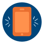 An orange smartphone icon with notification lines on both sides, set against a blue circular background, symbolizing mobile alerts, push notifications, or communication updates.