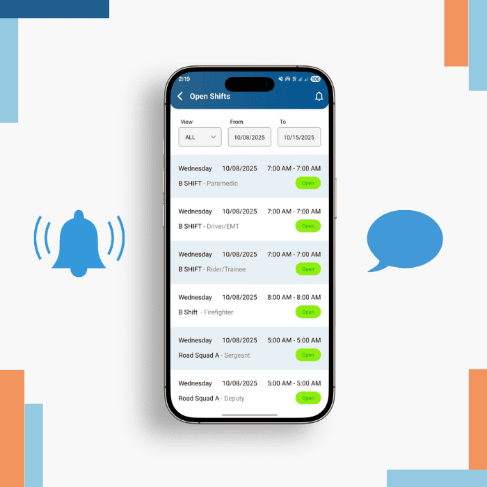eSchedule mobile app displaying Open Shifts tab with real-time scheduling notifications.
